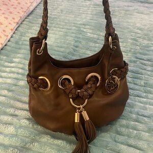 Michael Kors Brown Leather Shoulder Bag with Gold Accents